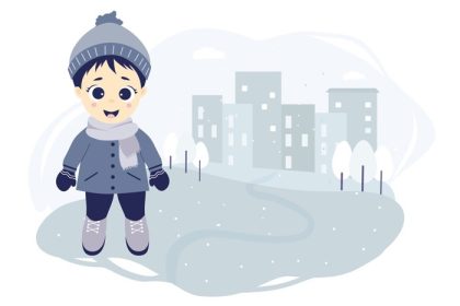 دانلود وکتور بچه ها زمستان یک پسر زیبا در پیاده روی زمستانی در شهر روی پس زمینه آبی با خانه ها درختان و دانه های برف ایستاده است