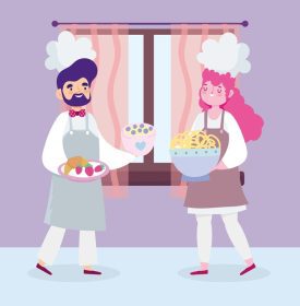 دانلود وکتور کارتون غذای دسر آشپز زن و مرد در خانه بمانید