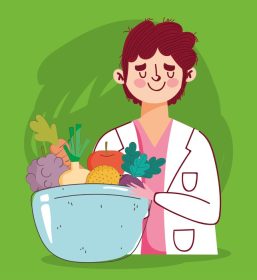 دانلود وکتور پزشک متخصص تغذیه با کاسه ظرف با میوه و سبزیجات