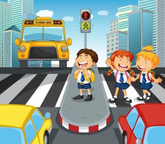 دانلود وکتور کودکان مدرسه ای در حال عبور از خیابان در تصویر شهر