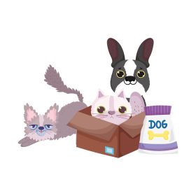 دانلود وکتور پت شاپ گربه و سگ کوچولو با جعبه و بسته غذایی حیوانات خانگی کارتونی وکتور
