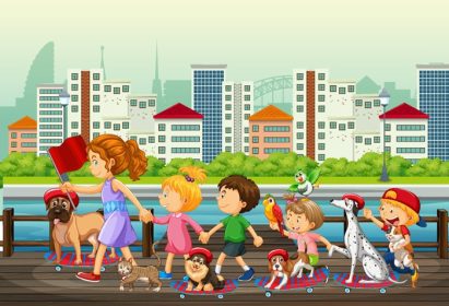 دانلود وکتور کودکان در حال قدم زدن با حیوانات خود در شهر