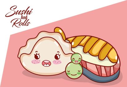 دانلود وکتور کاوائی ماهی سوشی نخود فرنگی و غذای کوکی کارتون ژاپنی سوشی و رول