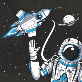 دانلود وکتور تبریک فضانوردی از فضا با سفینه فضایی و مناظر کارتونی سیاره زحل تصویر وکتور طرح گرافیکی