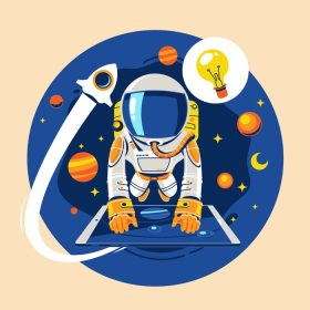 دانلود وکتور بچه فضانورد مفهوم درس نجوم آنلاین درباره زمین و فضا را می آموزد