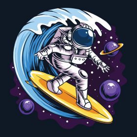 دانلود وکتور فضانوردان موج سواری روی تخته موج سواری در فضا با ستاره سیارات و امواج اقیانوس