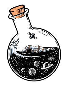 دانلود وکتور فضانوردان در حال شنا در فضا در تصویر بطری
