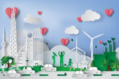 دانلود وکتور شهر سبز با عناصر مفهومی اکو به سبک کاغذ برش با ساختمان های خانوادگی انرژی جایگزین و بادکنک قلبی