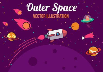 دانلود وکتور تصویر وکتور فضایی زیبا با سفینه فضایی و سیارات طراحی شده برای برچسب پوستر کارت تبریک وب سند و سایر سطوح تزئینی