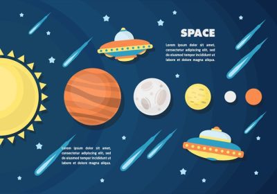 دانلود وکتور تصویر وکتور فضایی زیبا با سفینه فضایی با سیارات طراحی شده برای برچسب پوستر کارت تبریک وب سند و سایر سطوح تزئینی