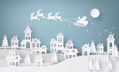دانلود وکتور کریسمس مبارک و سال نو مبارک تصویر بابا نوئل بر روی آسمان در حال آمدن به شهر سبک هنر و کاردستی کاغذی