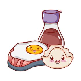 دانلود وکتور کاوائی کوکی تخم مرغ سرخ شده و غذای ساکه کارتون ژاپنی تصویر وکتور سوشی و رول