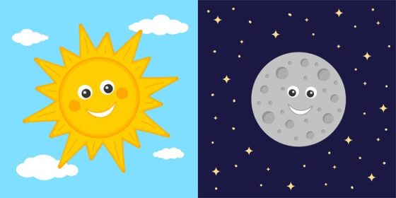 دانلود وکتور مفهوم روز و شب بامزه خورشید و ماه شخصیت های خورشید در آسمان ابری آبی و ماه در پس زمینه فضای پر ستاره تاریک نجوم برای بچه ها