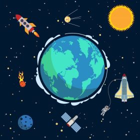 دانلود وکتور زمین در فضا پوستر با کره و فضاپیماها و ماهواره ها در مدار تصویر برداری