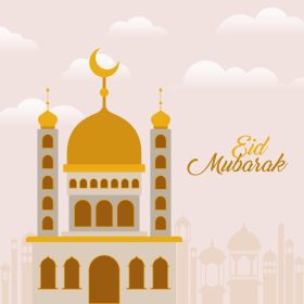 دانلود وکتور معبد عید مبارک با طرح وکتور ماه و ساختمان های شهر