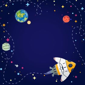 دانلود وکتور کادر با سیارات و ستاره های سفینه فضایی به سبک کارتونی تصویر برداری وکتور فضای باز