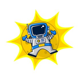 دانلود وکتور کارتون خنده دار فضانورد شناور بر روی سیاره طرح لوگو