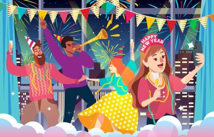 دانلود تصویر برداری از یک جشن مردم شاد جشن سال نو با فعالیت های مختلف داخل ساختمان مانند رقصیدن در شیپور و سلفی با دوستان با تزئینات مهمانی مانند پرچم های مهمانی و مهمانی