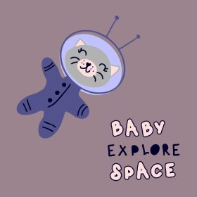 دانلود وکتور ترسیم دست گربه فضانورد و متن کودک کاوش در فضا