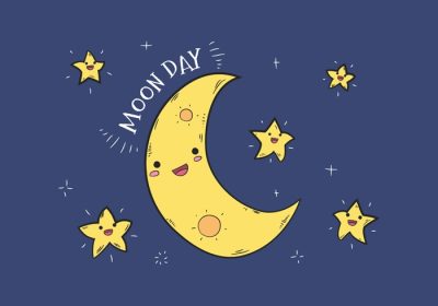دانلود وکتور تصویر دستی ماه با ستاره و آسمان آبی
