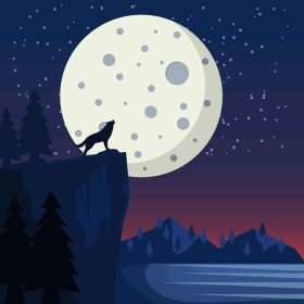 دانلود تصویر وکتور پس زمینه فضای ماه از نمای دریاچه و جنگل با زوزه گرگ مناسب برای دکوراسیون هنر دیوار
