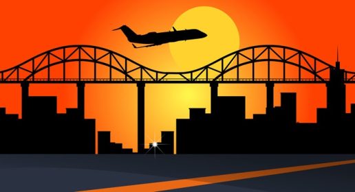 دانلود وکتور صحنه پس زمینه با هواپیما در حال پرواز بر فراز ساختمان های شهر تصویر