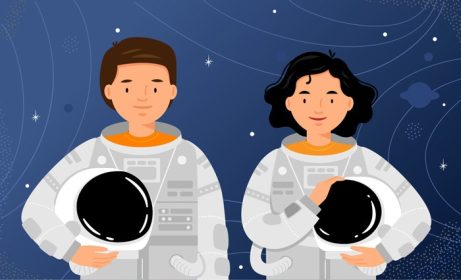 دانلود وکتور فضانوردان زن و مرد در پس زمینه آسمان پرستاره