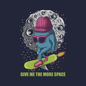 دانلود وکتور هیولا با کلاه عینک آفتابی و کفش اسکیت در فضا در مقابل ماه با تصویر متنی فضای بیشتری برای شرکت یا برند شما به من بدهید