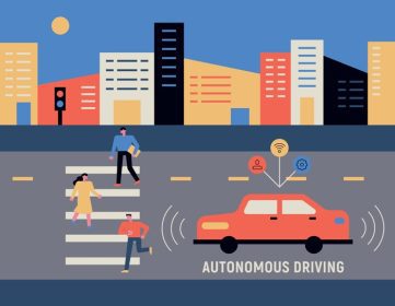 دانلود وکتور فناوری ایمنی خودرو در پس‌زمینه شهر مردم در حال عبور از خط عابر عابر پیاده و خودروها در جاده افراد را شناسایی می‌کنند.