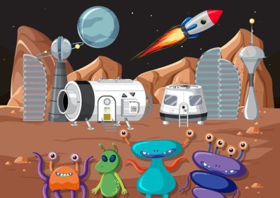دانلود وکتور سیاره فضایی با بیگانگان به سبک کارتونی