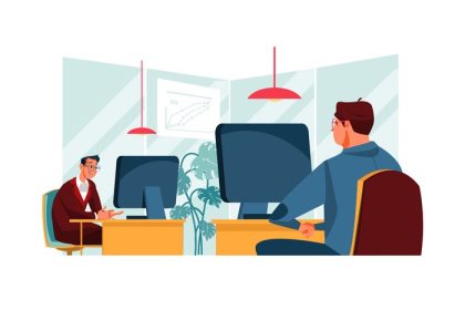 دانلود وکتور افرادی که روی رایانه در دفتر فضای باز کار می کنند