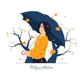 دانلود وکتور دختر شاد با چتر در تصویر مفهومی روز پاییز