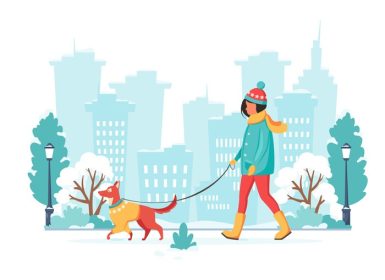 دانلود وکتور زن در حال راه رفتن با سگ در شهر زمستانی وکتور تصویر