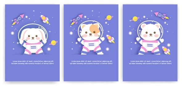 دانلود مجموعه وکتور کارت پستال حمام نوزاد با حیوانات زیبا در فضا