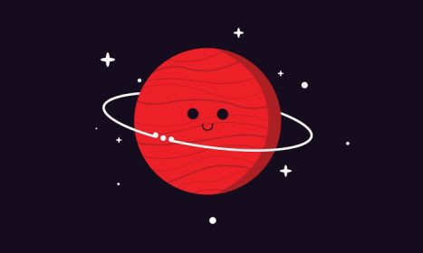 دانلود وکتور خندان سیاره ناز در فضای تاریک زحل قرمز با حلقه و