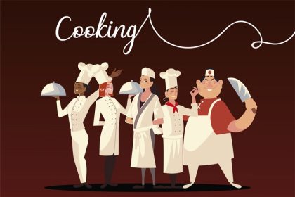 دانلود وکتور سرآشپزها در حال پخت غذا کارگر کارکنان حرفه ای رستوران