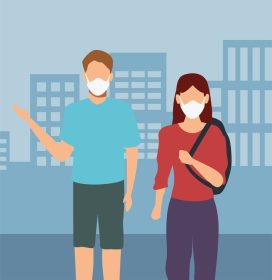 دانلود وکتور زوج جوان با ماسک پزشکی در شهر