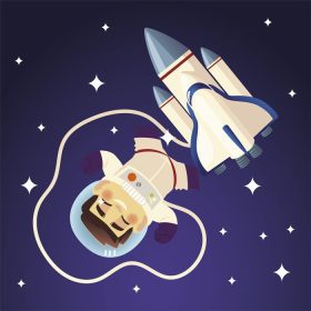 دانلود وکتور کارتون فضانورد فضایی و کشتی در حال گردش ستارگان کهکشان