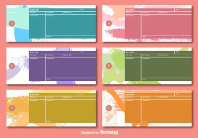 دانلود وکتور مجموعه ای از کارت های دستور غذا رنگارنگ و سرگرم کننده قالب خالی برای وب و چاپ پیشنهادات