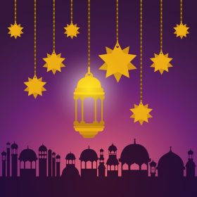 دانلود وکتور فانوس طلایی و ستاره های آویزان عید مبارک با طرح وکتور ساختمان های شهری