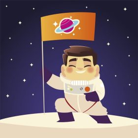 دانلود وکتور کارتون فضانورد فضایی با پرچم در سیاره ستارگان کیهان