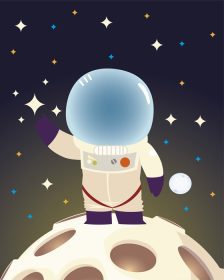 دانلود وکتور کارتون فضانورد فضایی با کت و شلوار و کلاه ایمنی ایستاده روی ماه