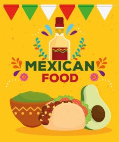 دانلود وکتور پوستر غذای مکزیکی با بطری تکیلا تاکو گواکامول و آووکادو