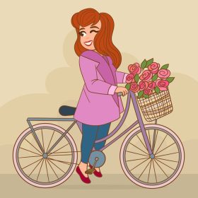 دانلود وکتور شیک زن خندان زیبا با دوچرخه بنفش یکپارچهسازی با سیستمعامل