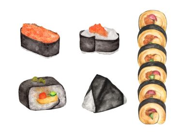 دانلود مجموعه وکتور سوشی غذاهای ژاپنی تصویر آبرنگ