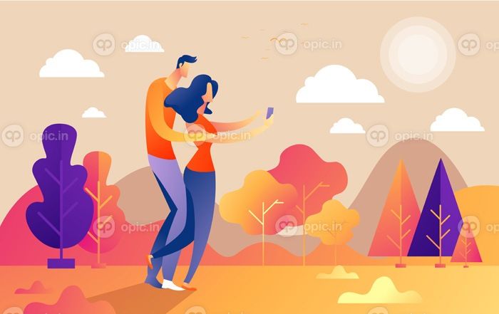 دانلود وکتور سلام زن و شوهر پاییز شخصیت های دختر و پسر سلفی می گیرند در طول مسیر در پارک برگ های پاییزی وکتور تصویر کارتونی به سبک جدا شده