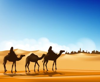 دانلود وکتور گروه مردم عرب با شتر سواری کاروان در واقع بینانه