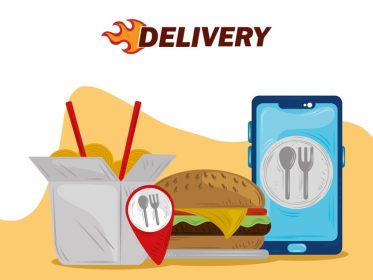 دانلود وکتور تحویل سریع گوشی هوشمند خدمات سفارش آنلاین غذا وکتور تصویر