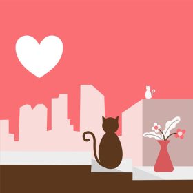 دانلود تصویر وکتور دو گربه روی پشت بام ساختمان در شهر با ماه شکل قلب برای مفهوم روز ولنتاین سبک گرافیکی مدرن