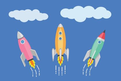 دانلود وکتور مفهوم مسابقه فضایی سه موشک کارتونی رنگارنگ در فضا